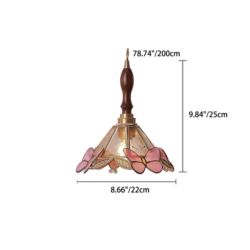 Lustre Suspendu Conique à 1 Lumière en Verre Papillon Japonais Traditionnel pour Salon 