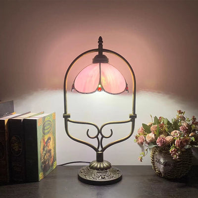 Tiffany Vintage Flower Stained Glass Shade Metal Base 1-Light Table Lamp