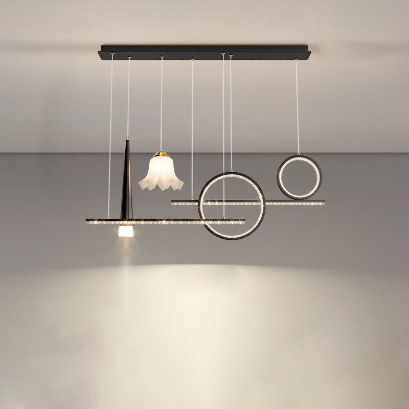 Zeitgenössischer luxuriöser geometrischer Ring-Glaskugel-Schirm LED-Kronleuchter Insellicht für Wohnzimmer 