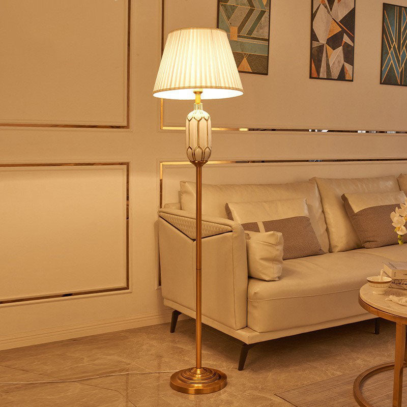 Traditional Vintage Trapezoid Fabric Shade Ceramic Iron Base 1-Light Standing Floor Lamp For Living Room