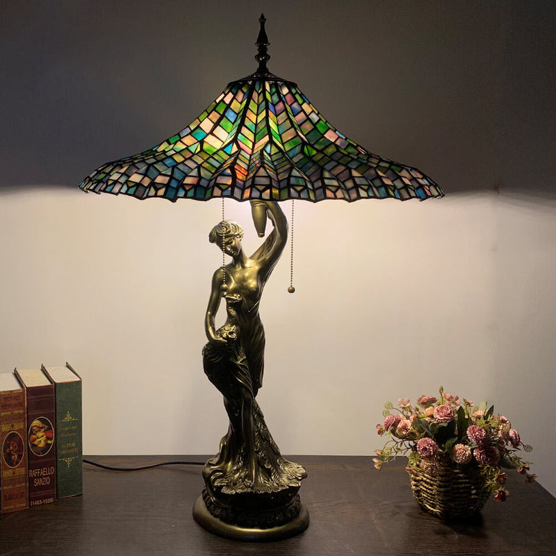 Traditional Tiffany Umbrella Goddess Copper Stained Glass 3-Light Table Lamp For Bedroom