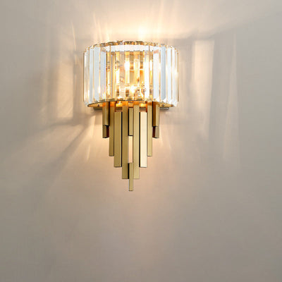 Zeitgenössische Luxus Metall Hardware Kristall Zylinder Streifen Rhombischen 2-Licht Wand Leuchte Lampe Für Wohnzimmer 