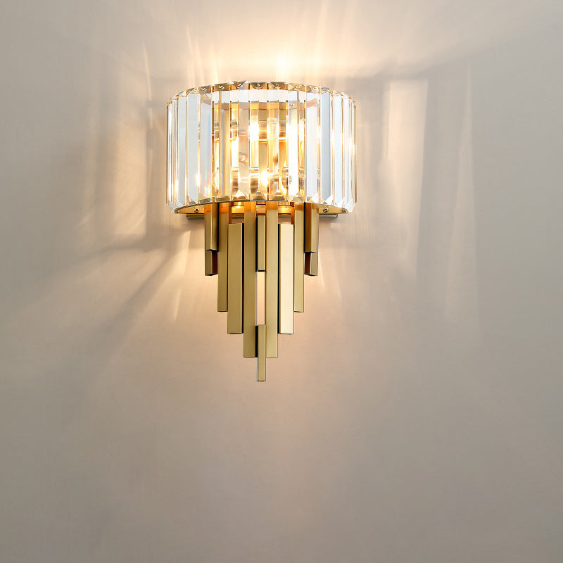 Zeitgenössische Luxus Metall Hardware Kristall Zylinder Streifen Rhombischen 2-Licht Wand Leuchte Lampe Für Wohnzimmer 