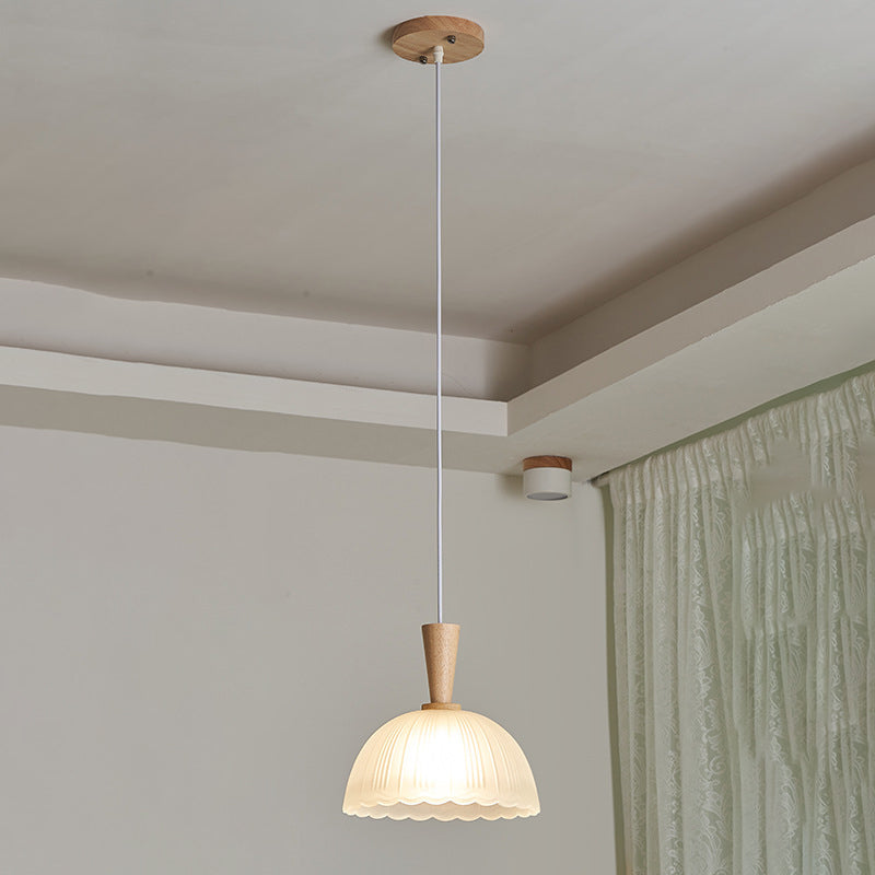 Suspension Luminaire Moderne Minimaliste Rond en Verre à Rayures en Dentelle avec Bois 1-Lumière pour Salon 
