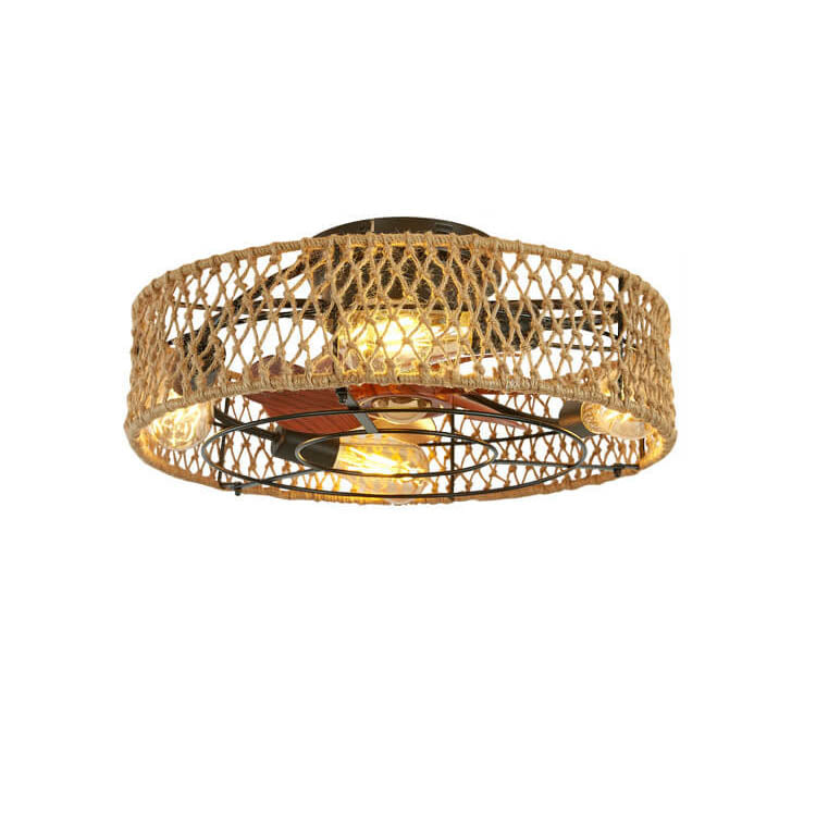 Traditionelle rustikale runde Trommel Eisen Hanfseil 4-Licht Semi-Flush Mount Deckenventilator Licht für das Schlafzimmer 