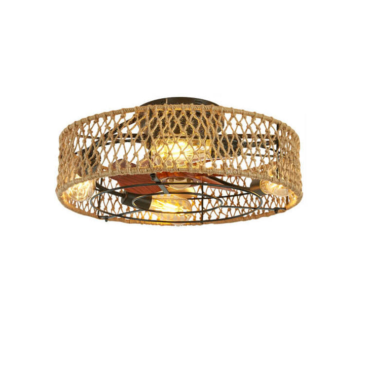 Traditionelle rustikale runde Trommel Eisen Hanfseil 4-Licht Semi-Flush Mount Deckenventilator Licht für das Schlafzimmer 