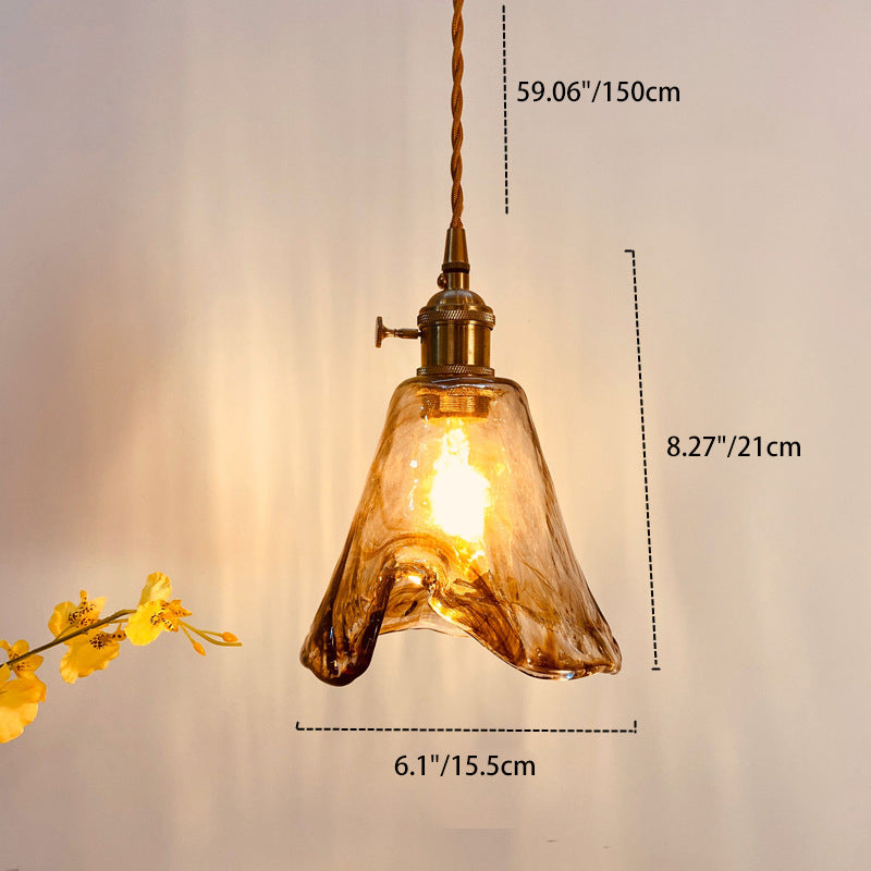 Traditional Vintage Amber Square Glass Brass 1-Light Pendant Light For Living Room