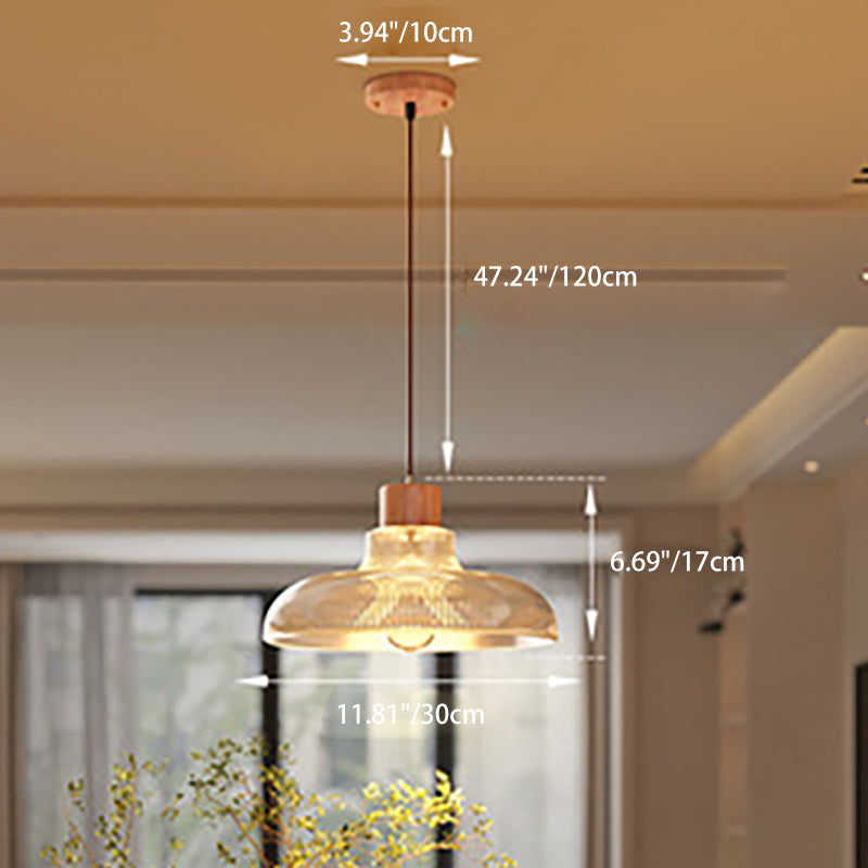 Zeitgenössische Retro Holz Vertikal Glas Runde Schatten 1-Licht Pendelleuchte für Wohnzimmer 
