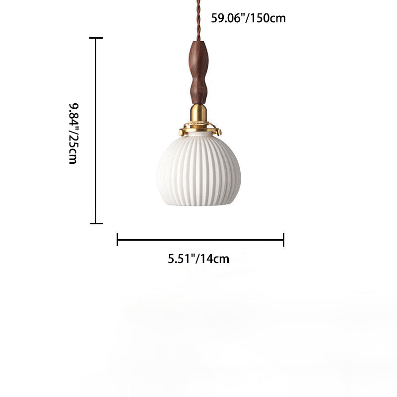Lustre suspendu rond en céramique, laiton et noyer japonais traditionnel à 1 lumière pour salle à manger 