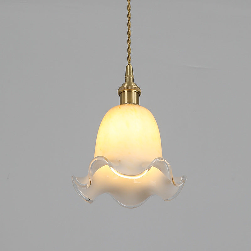 Lámpara colgante de 1 luz de vidrio de latón en forma de flor minimalista moderna para dormitorio 