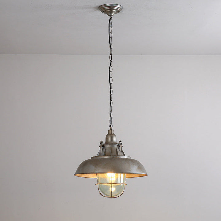 Zeitgenössische industrielle Retro-Pendelleuchte im Used-Look aus grauem Aluminium mit halbrundem Schirm und 1 Licht für Unterhaltungsräume 