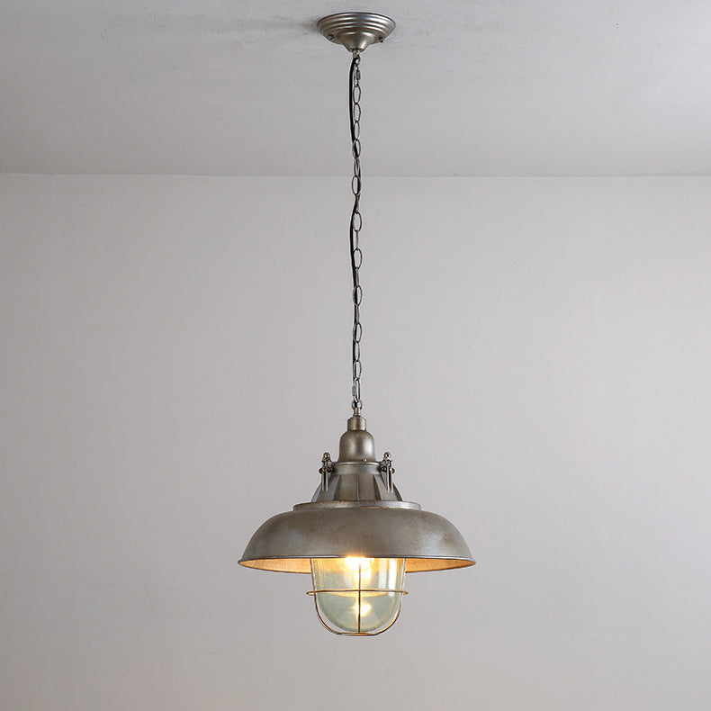 Zeitgenössische industrielle Retro-Pendelleuchte im Used-Look aus grauem Aluminium mit halbrundem Schirm und 1 Licht für Unterhaltungsräume 