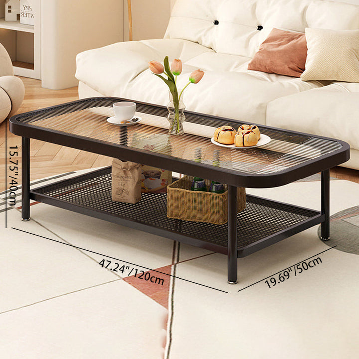 Moderner minimalistischer rechteckiger Glas-Kohlenstoffstahl-Couchtisch mit 2 Ebenen für das Wohnzimmer 