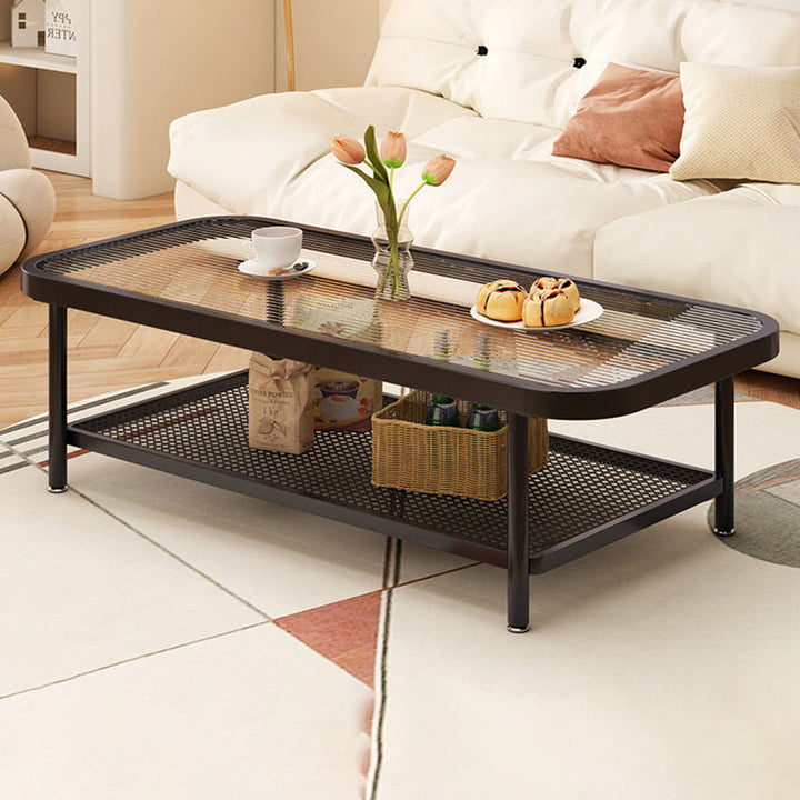Moderner minimalistischer rechteckiger Glas-Kohlenstoffstahl-Couchtisch mit 2 Ebenen für das Wohnzimmer 