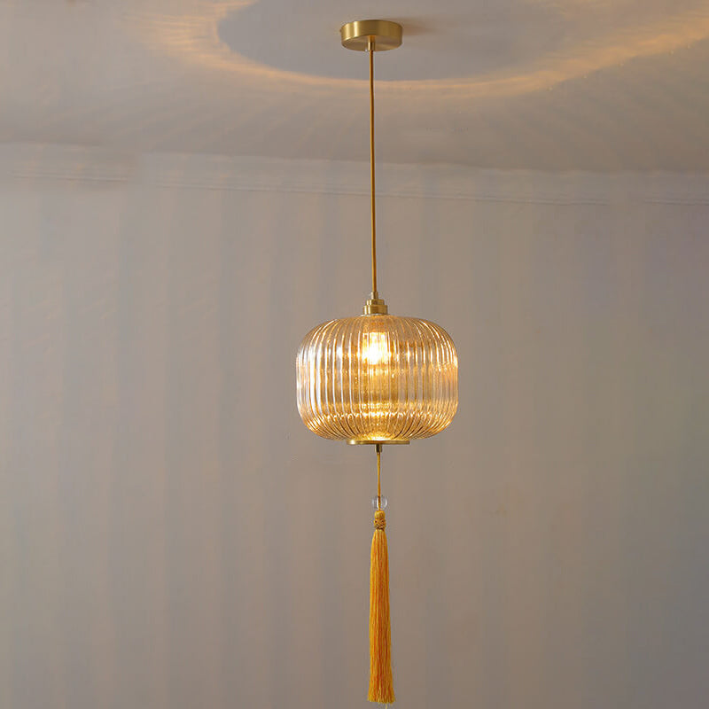 Lámpara colgante de 1 luz de vidrio de cobre con forma de linterna moderna nórdica 