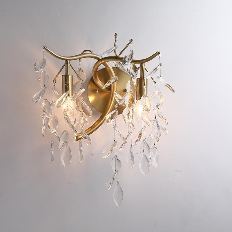Traditionelle französische Blatt Eisen Kupfer Kristall 2-Licht Wandleuchte Lampe für Wohnzimmer 
