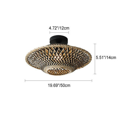 Plafonnier semi-encastré en forme de soucoupe volante à 1 lumière en tissage de bambou Zen chinois 