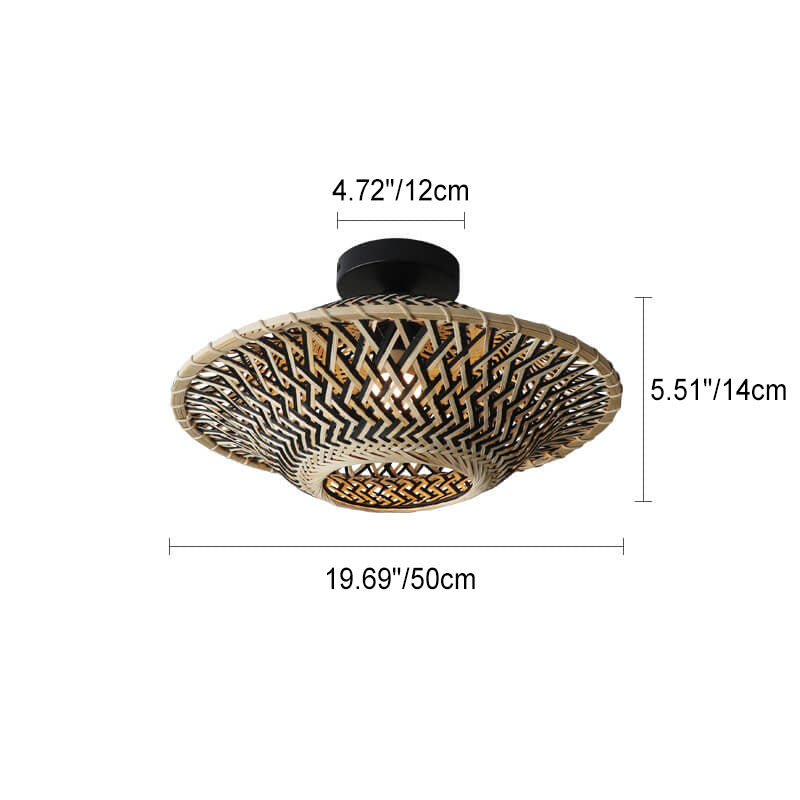 Plafonnier semi-encastré en forme de soucoupe volante à 1 lumière en tissage de bambou Zen chinois 