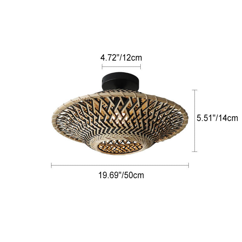 Chinese Zen Bamboo Weaving Flying Saucer Shape 1-Light Semi-Flush Mount Ceiling Light