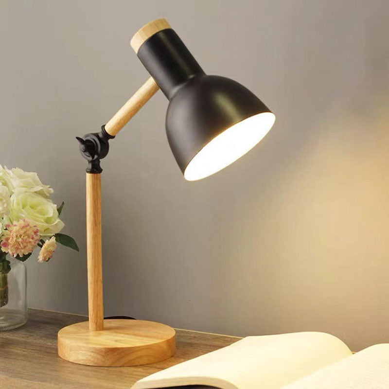 Lámpara de mesa contemporánea nórdica con pantalla semicircular de hierro y base de madera de 1 luz para estudio 