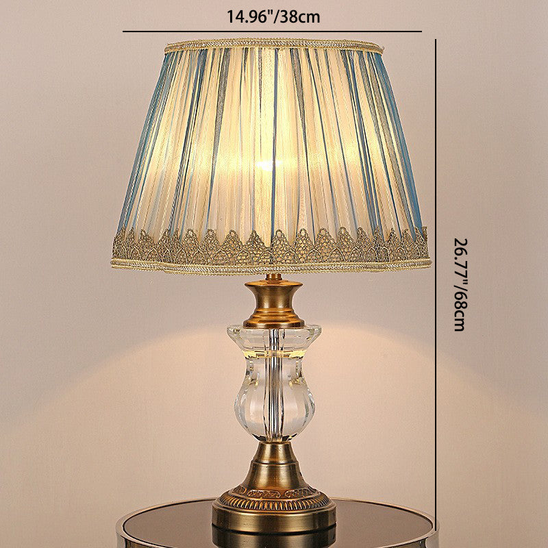 Traditionelle europäische Zylinder-Hardware-Kristallgewebe-1-Licht-Tischlampe für Schlafzimmer 