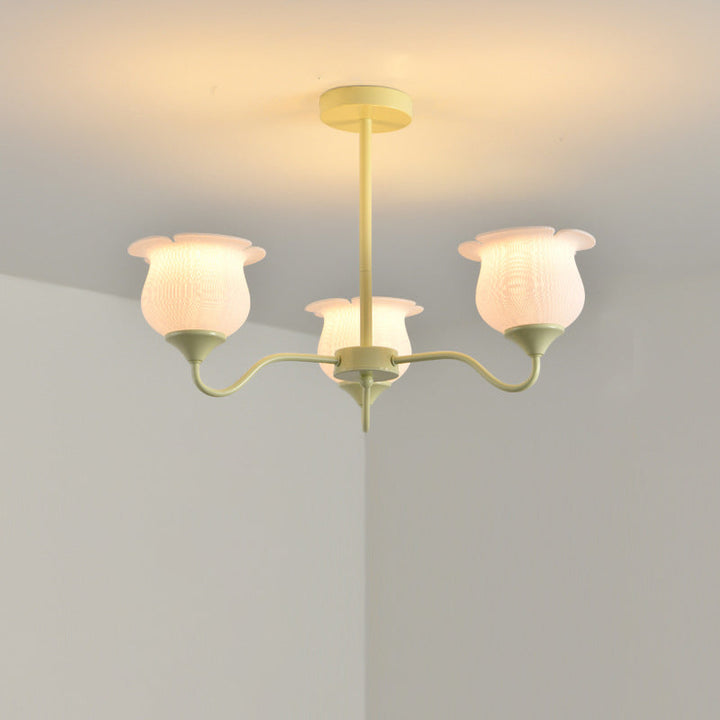 Moderner Art-Deco-Kronleuchter mit Eisenrahmen und PLA-Glocken-Orchideen-Blumenschirm, 3/5/6 Lichter, für Wohnzimmer 