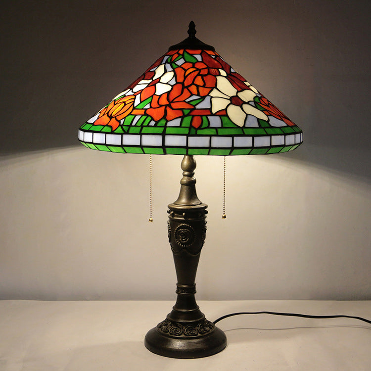 Lampe de table à deux lumières en verre teinté en résine rose Tiffany traditionnelle pour chambre 