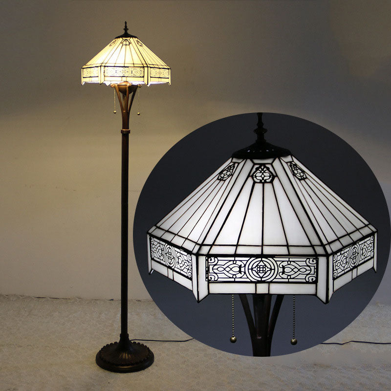 Lampe de sol traditionnelle Tiffany en résine avec dôme semi-circulaire en verre, motif de vache et fleur en diamant à 2 lumières pour salle à manger 