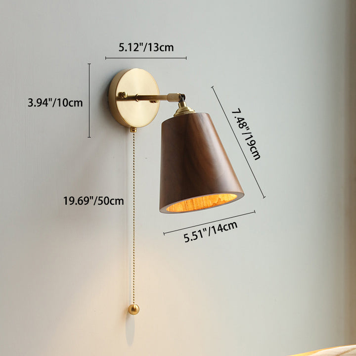 Zeitgenössische skandinavische runde Kegelkuppel Kupferholz 1-Licht Wandleuchte Lampe für Schlafzimmer 