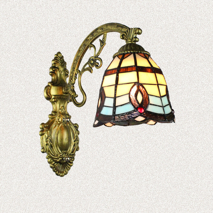 Traditionelle Tiffany Flower Cup Eisen Buntglas 1-Licht Wandleuchte Lampe für Wohnzimmer 