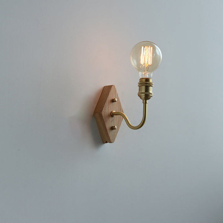Lámpara de Aplique de Pared de 1 Luz de Madera y Latón con Poste Curvado de Diamante Retro Contemporáneo para Dormitorio 