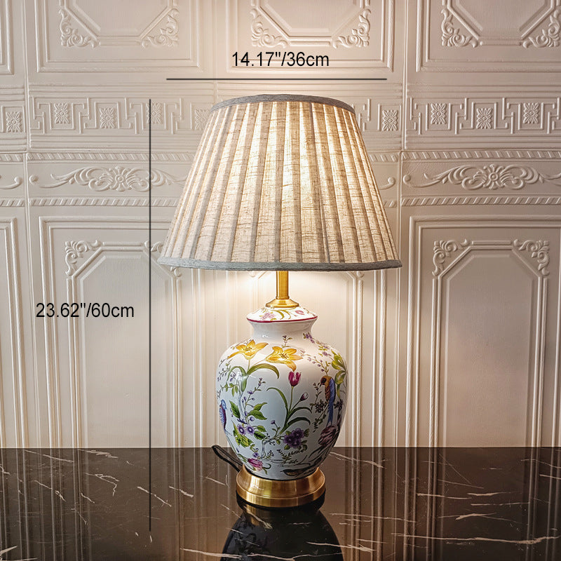 Lampe de table en céramique traditionnelle chinoise avec cylindre, oiseau et fleur, 1 lumière pour chambre à coucher 