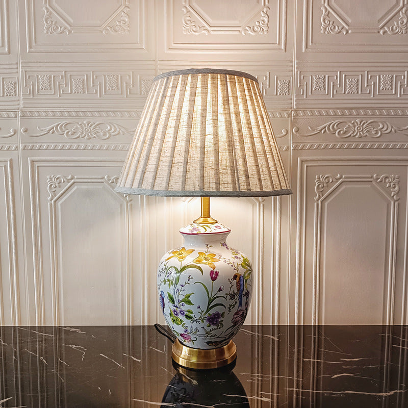 Lampe de table en céramique traditionnelle chinoise avec cylindre, oiseau et fleur, 1 lumière pour chambre à coucher 