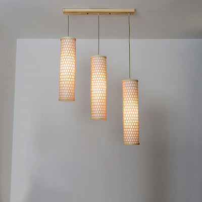 Modern Chinese Bamboo Weaving PVC Cylinder 1/3 Light Island Light Chandelier