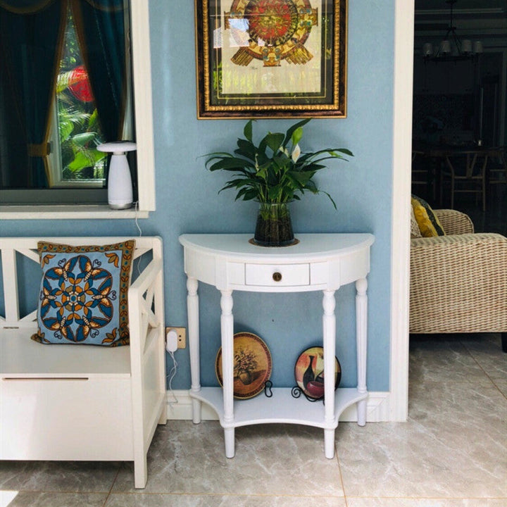 Table console en bois massif et MDF au design français traditionnel semi-circulaire, 1 tiroir, pour salon et entrée 
