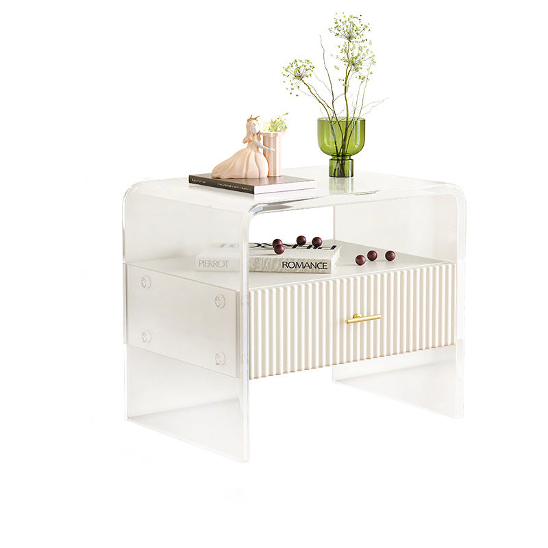 Table de chevet moderne de luxe rectangulaire en acrylique verre trempé bois massif 1 tiroir pour chambre 