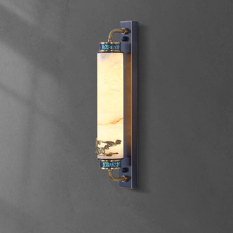 Traditional Chinese Marble Copper Column Brass LED Wall Sconce Lamp for Living Room