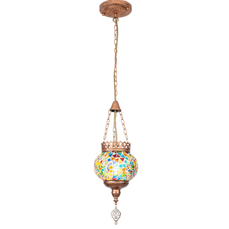 Lampe suspendue à 1 lumière avec abat-jour en verre teinté et cadre en fer bohème contemporain pour salon 