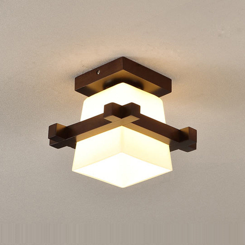 Traditionelle japanische Deckenleuchte mit Holzrahmen und Glassäule, 1 Licht, halbbündige Montage, für Wohnzimmer 