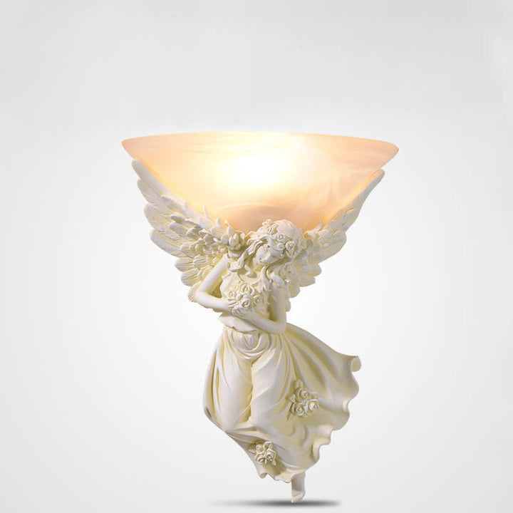 Traditionelle europäische Harz Engel Flügel Glas Tasse Schatten 1-Licht Wandleuchte Lampe für Wohnzimmer 