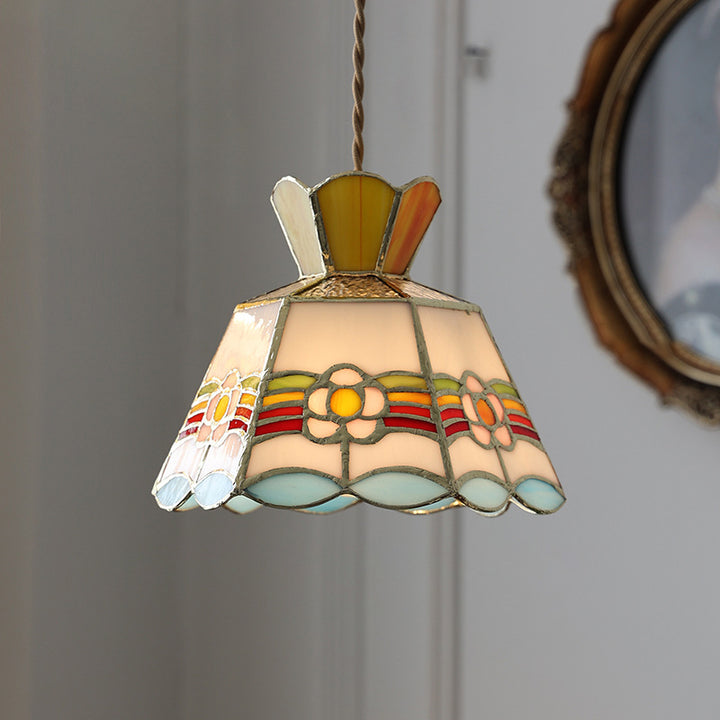 Contemporary Vintage Pentagonal Hexagonal Brass Glass 1-Light Pendant Light For Living Room