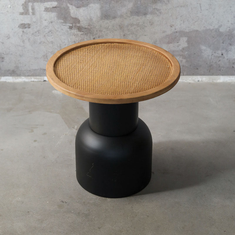 Traditional Vintage Round Rattan Iron Pine Coffee Table 1-Tier For Living Room