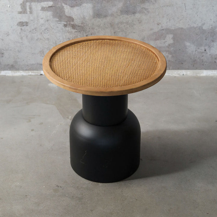 Traditional Vintage Round Rattan Iron Pine Coffee Table 1-Tier For Living Room