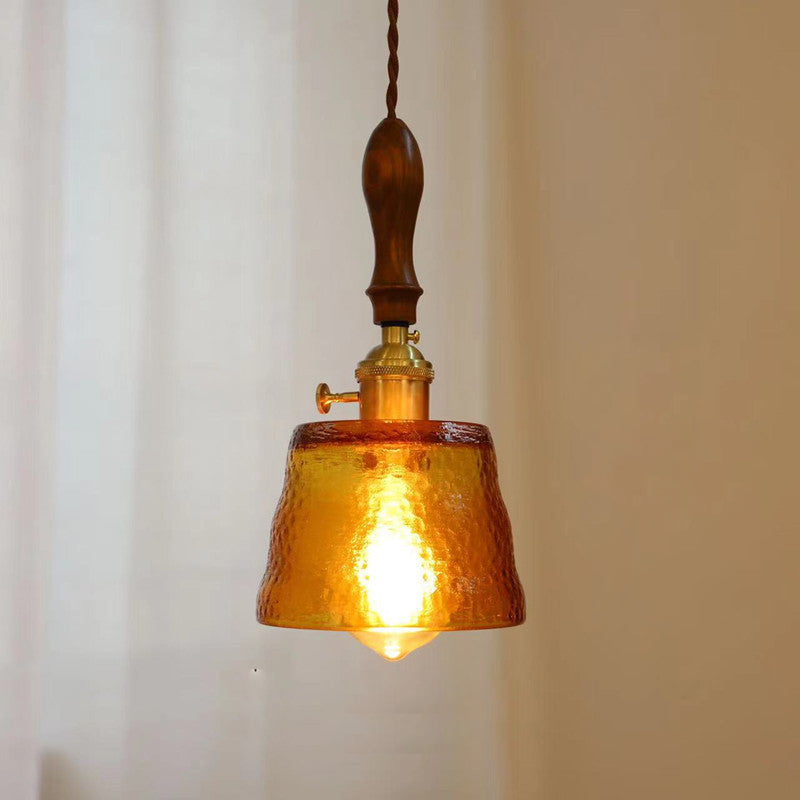 Lámpara colgante de 1 luz con pantalla de vidrio ondulado de nogal Art Deco moderno para sala de estar 