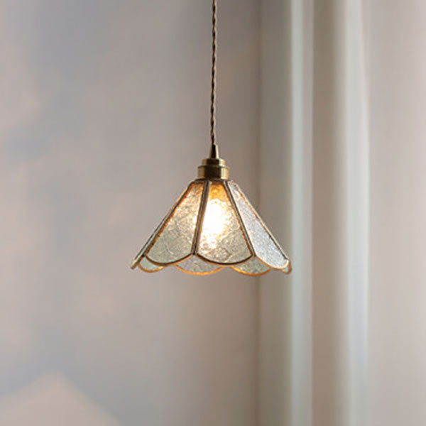 Traditional Vintage Clear Patterned Glass Cone Square Copper 1-Light Pendant Light for Living Room