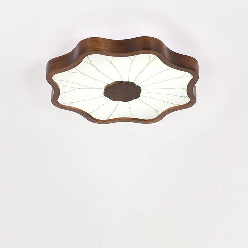 Traditionelle chinesische Lotusblatt-Deckenleuchte aus Holz, Eisen, Acryl, LED-Unterputz-Deckenleuchte für Wohnzimmer 