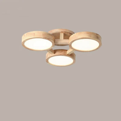 Contemporary Scandinavian Round Rubberwood LED Flush Mount Ceiling Light For Living Room