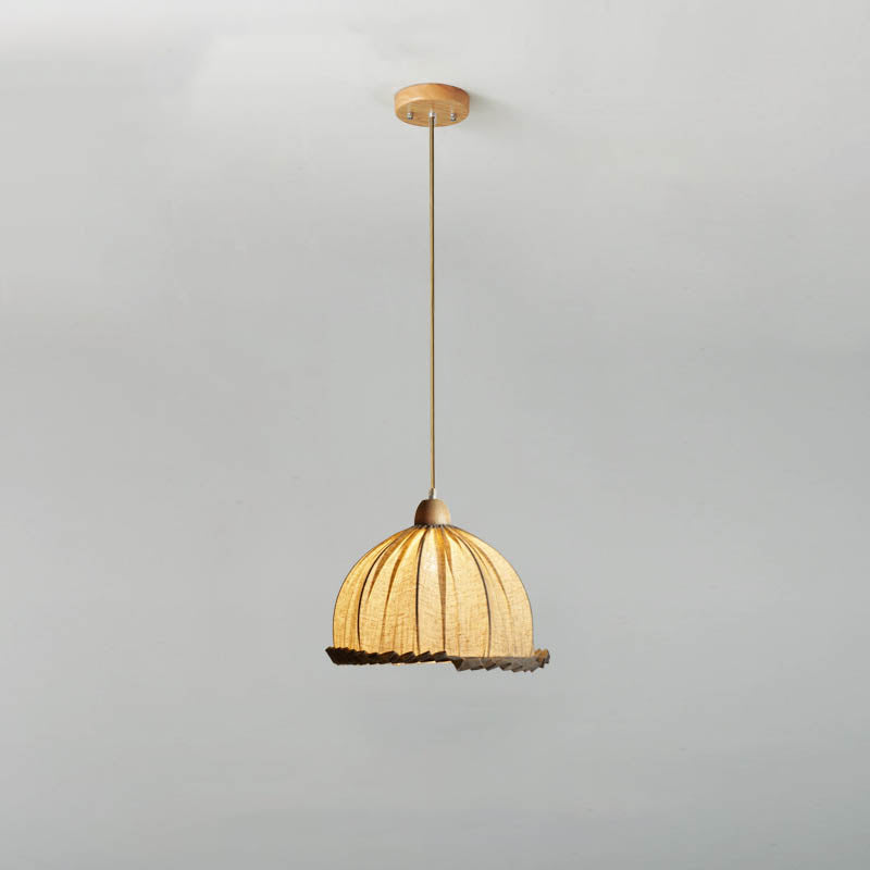 Traditional Rustic Half Round Rubber Wood Linen 1-Light Pendant Light For Living Room