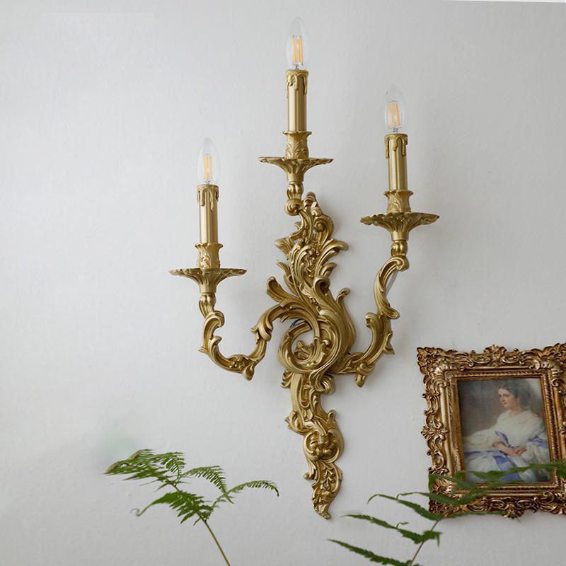 Candelabro de Pared de Latón de Lujo Francés Tradicional Tallado con 2/3 Luces para Dormitorio 