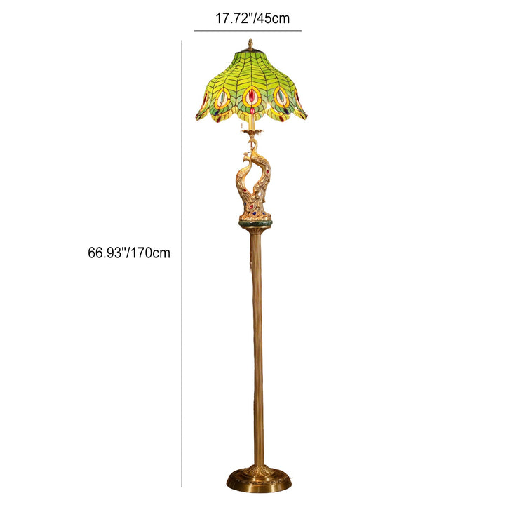 Lampe de sol traditionnelle Tiffany en verre de paon avec 2 lumières en cuivre pour chambre à coucher 